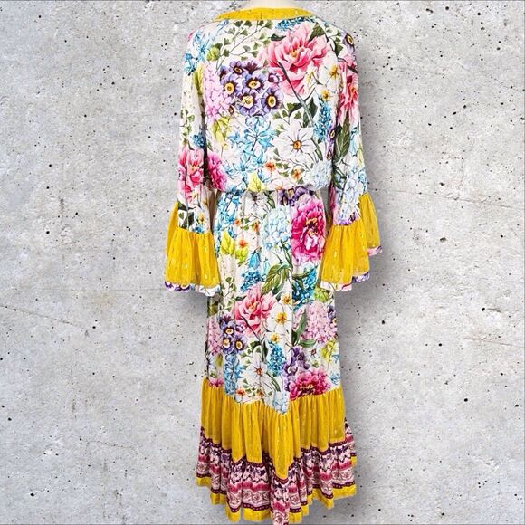 Aratta Silent Journey Ibiza Shirt Dress Medium White Floral Bell Sleeves Boho - Picture 6 of 16